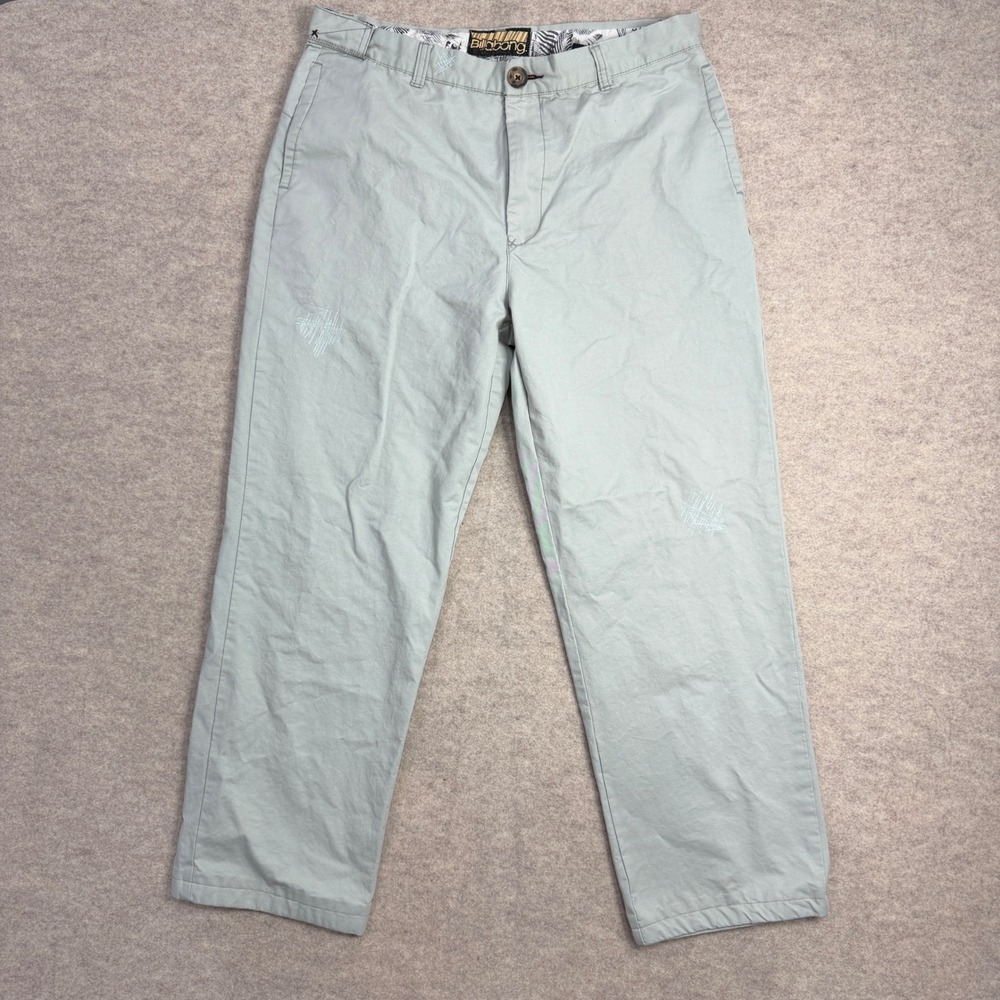 Billabong Mens Chino Pants Sage Green Cotton Straight Leg Embroidered Size 36